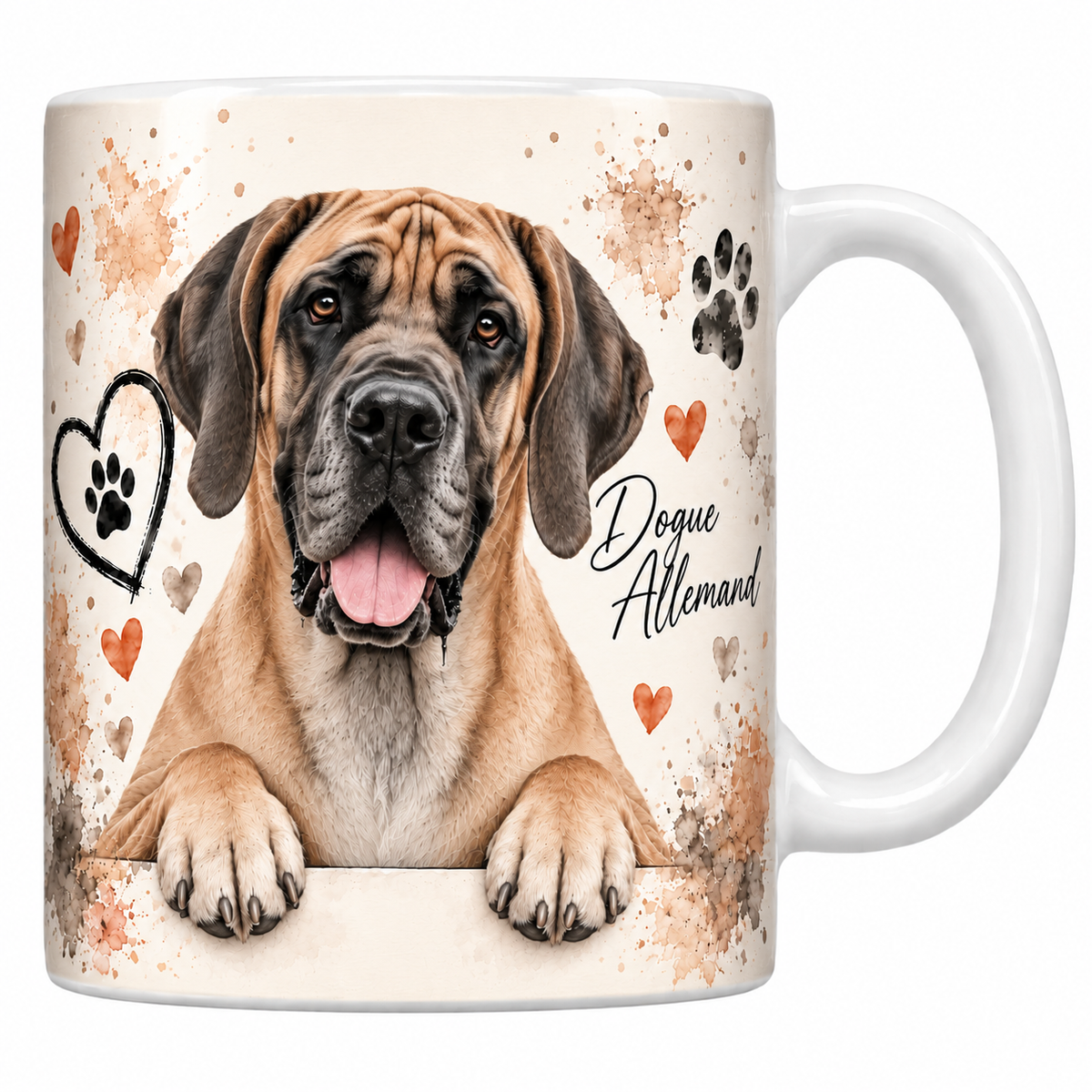 Mug blanc Dogue allemand aquarelle : chien fauve à masque noir aux oreilles tombantes accoudé à une bordure, empreintes de pattes et cœur au trait