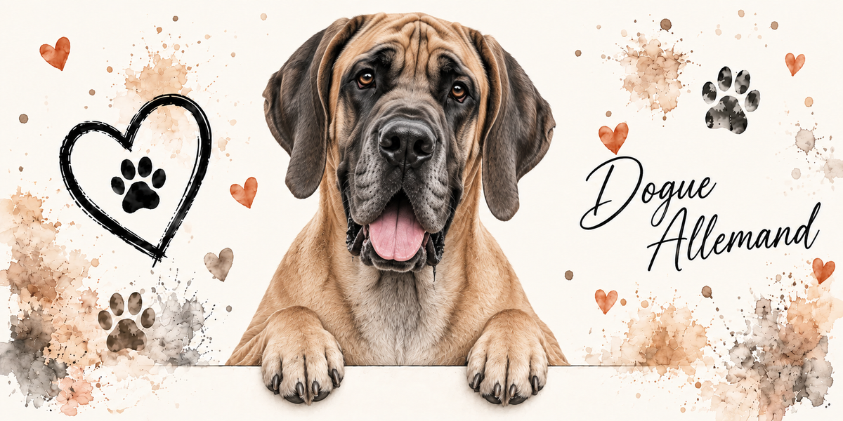 Illustration aquarelle Dogue allemand : chien fauve à masque noir, oreilles naturelles tombantes, accoudé à une bordure sur fond crème, empreintes de pattes, cœur tracé au trait et éclaboussures
