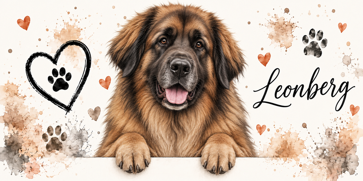 Illustration aquarelle Leonberg : chien fauve à masque noir, crinière abondante et oreilles tombantes, accoudé à une bordure sur fond crème, empreintes de pattes, cœur tracé au trait et éclaboussures