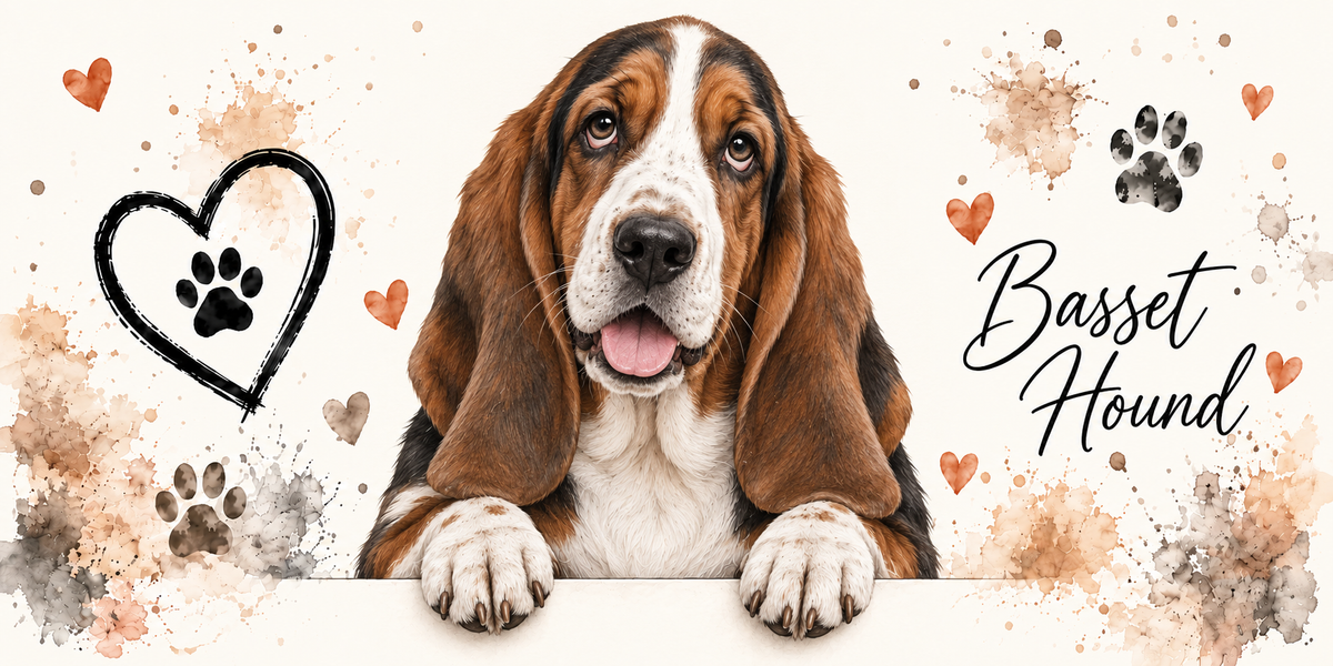 Illustration aquarelle Basset hound : chien tricolore aux oreilles démesurées, paupières tombantes et chanfrein blanc, accoudé à une bordure sur fond crème, empreintes de pattes, cœur tracé au trait et éclaboussures