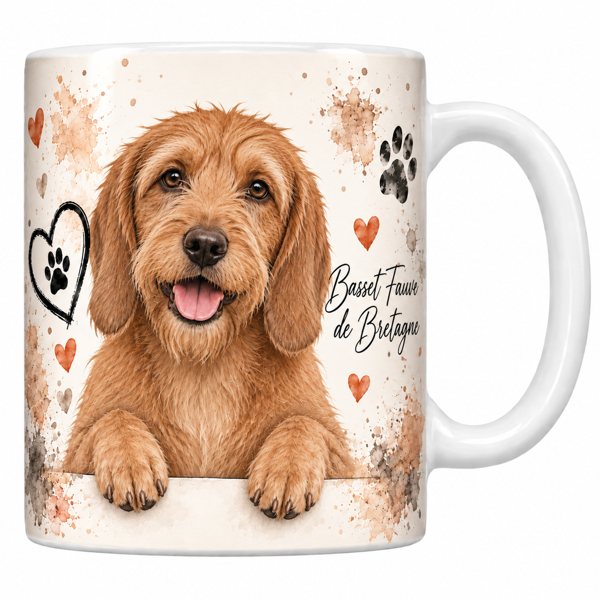 Mug blanc Basset fauve de Bretagne aquarelle : chien fauve doré au poil dur accoudé à une bordure, empreintes de pattes et cœur au trait