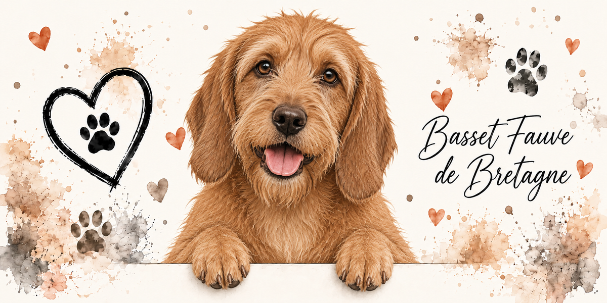Illustration aquarelle Basset fauve de Bretagne : chien à la robe fauve doré, poil dur et oreilles tombantes, accoudé à une bordure sur fond crème, empreintes de pattes, cœur tracé au trait et éclaboussures
