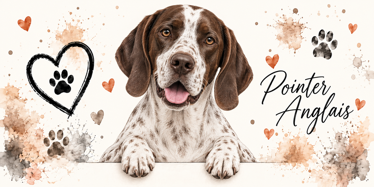 Illustration aquarelle Pointer anglais : chien foie et blanc à la robe mouchetée, oreilles tombantes et poil ras, accoudé à une bordure sur fond crème, empreintes de pattes, cœur tracé au trait et éclaboussures