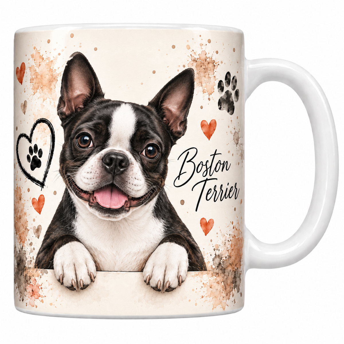 Mug blanc Boston terrier aquarelle : chien noir et blanc aux oreilles droites accoudé à une bordure, empreintes de pattes et cœur au trait