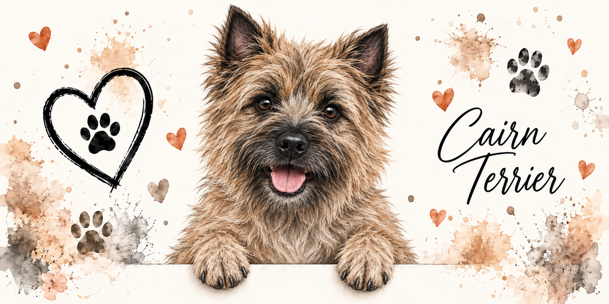 Illustration aquarelle Cairn terrier : petit chien froment grisonné au poil dur hirsute, oreilles droites et masque sombre, accoudé à une bordure sur fond crème, empreintes de pattes, cœur tracé au trait et éclaboussures