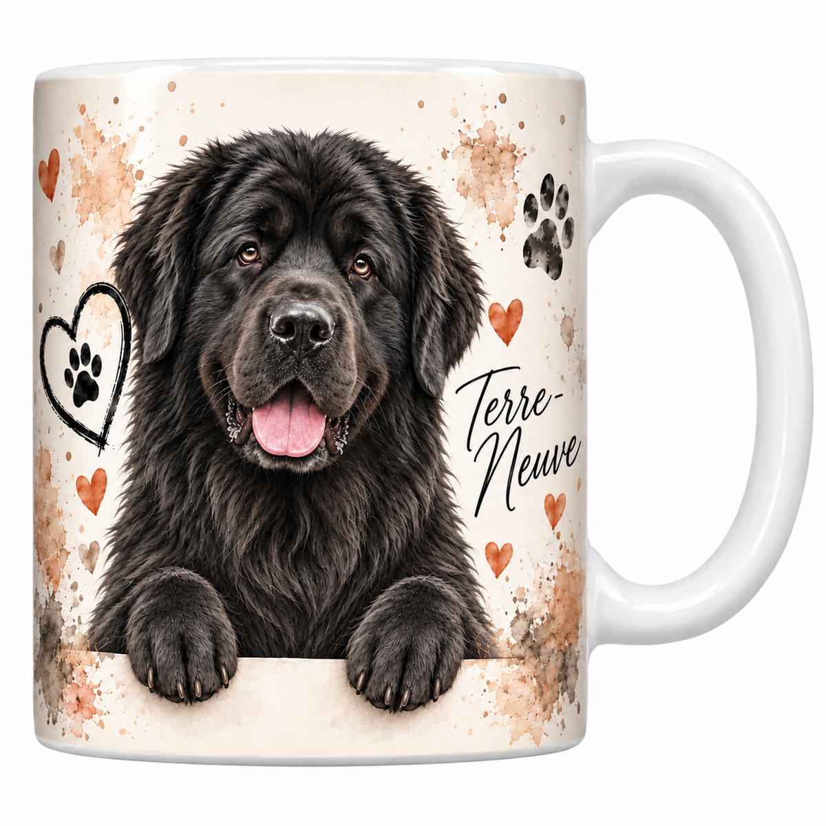 Mug blanc Terre-Neuve aquarelle : grand chien noir à la fourrure dense accoudé à une bordure, empreintes de pattes et cœur au trait