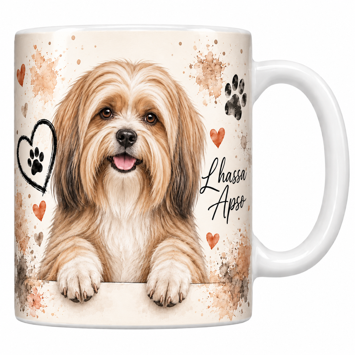 Mug blanc Lhassa apso aquarelle : petit chien froment au long poil tombant accoudé à une bordure, empreintes de pattes et cœur au trait