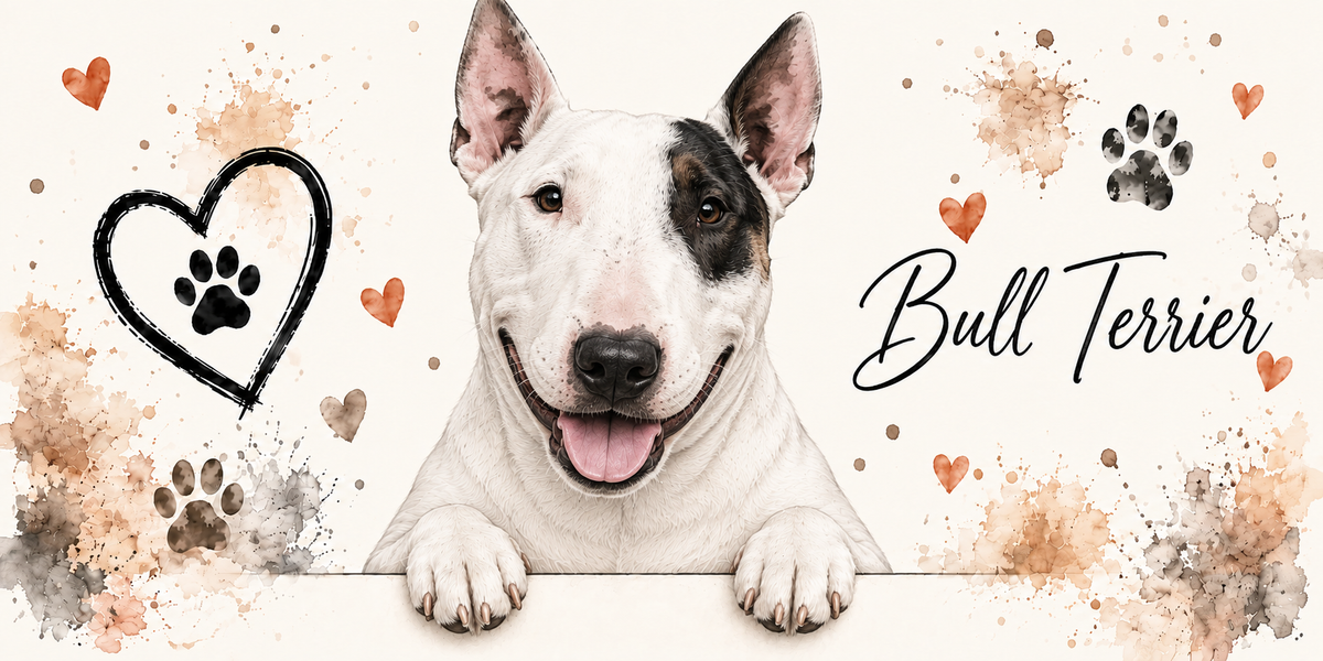 Illustration aquarelle Bull terrier : chien blanc à tache sombre sur l'œil, tête ovoïde et oreilles droites pointues, accoudé à une bordure sur fond crème, empreintes de pattes, cœur tracé au trait et éclaboussures