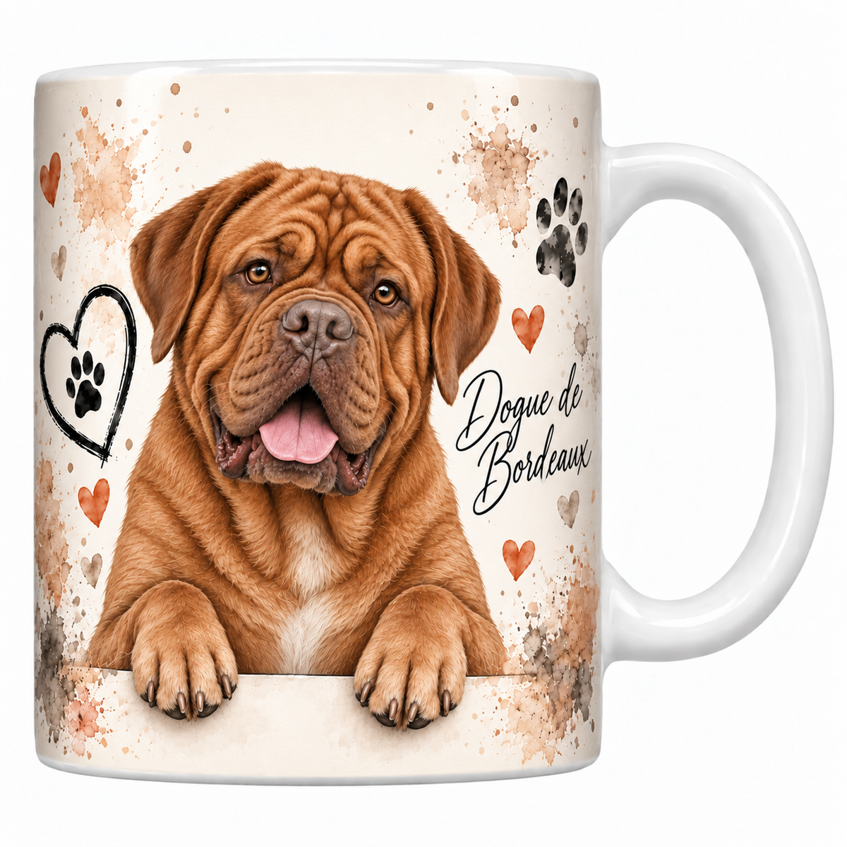 Mug blanc Dogue de Bordeaux aquarelle : chien acajou au masque brun et au front ridé accoudé à une bordure, empreintes de pattes et cœur au trait