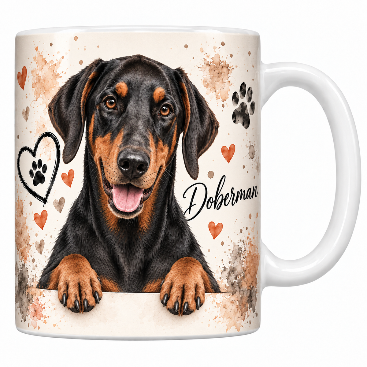 Mug blanc Doberman aquarelle : chien noir et feu aux oreilles naturelles accoudé à une bordure, empreintes de pattes et cœur au trait