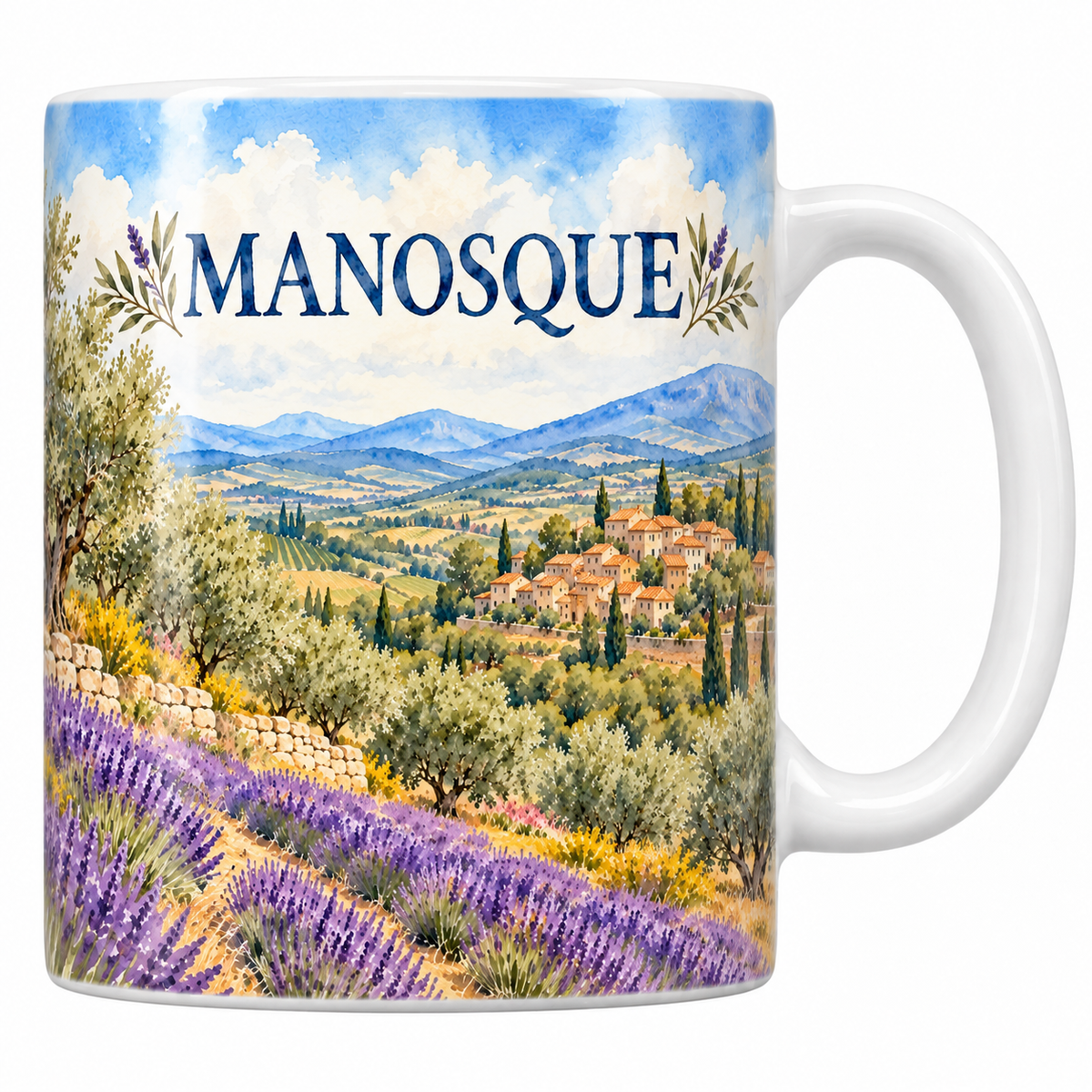 Mug céramique 330 ml Manosque : les oliviers, la lavande et le village provençal en aquarelle