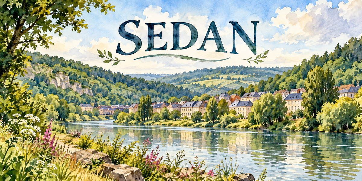 Sedan en aquarelle : la Meuse large et calme au centre, une paroi rocheuse et des arbres sur la rive gauche, un alignement de maisons claires à toits d'ardoise sur la rive droite, les collines boisées de l'Ardenne au fond, des pierres et des fleurs sauvages roses et blanches au premier plan, le nom de la ville souligné d'un trait et encadré de rameaux