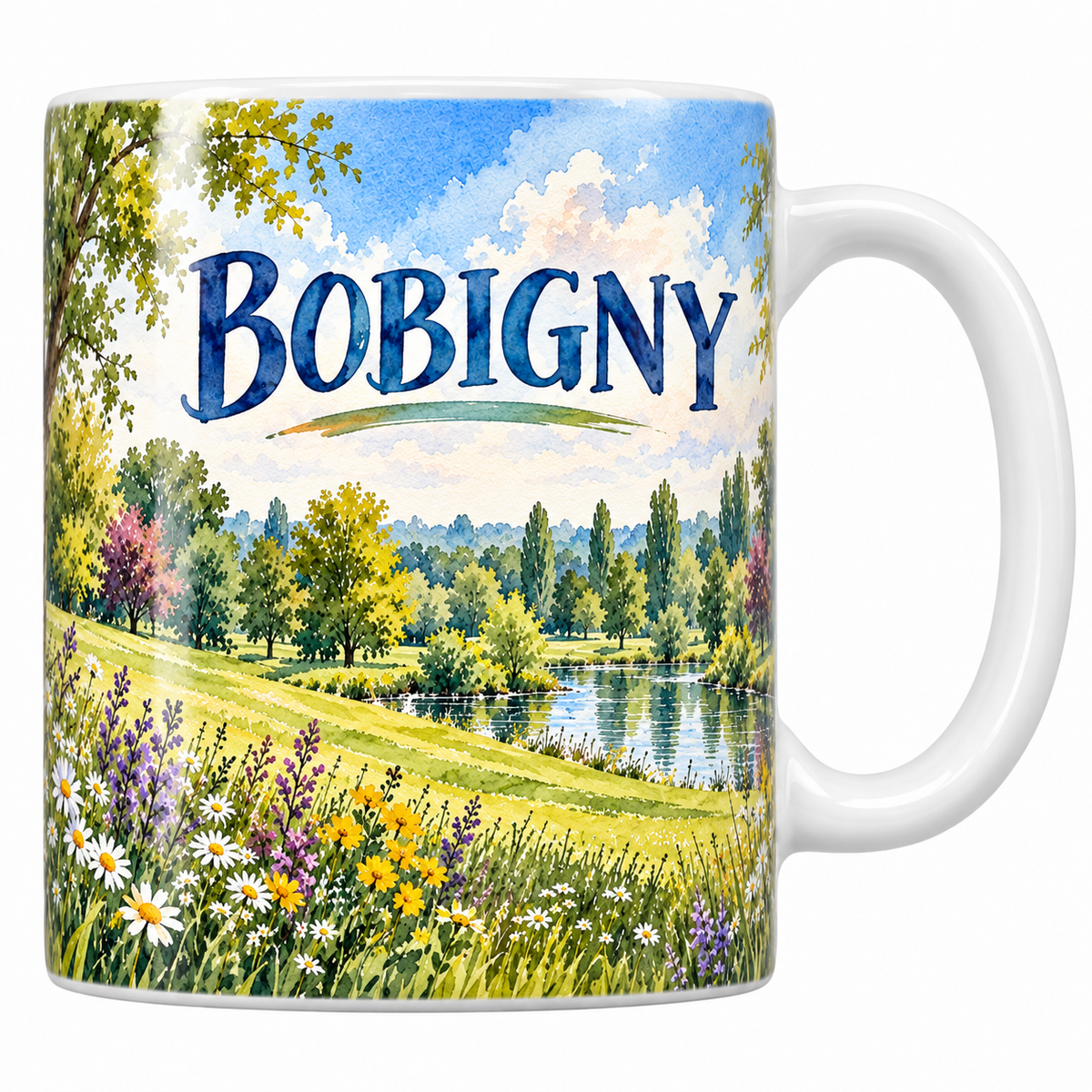 Mug céramique 330 ml Bobigny : la pièce d'eau, les peupliers et la prairie fleurie en aquarelle