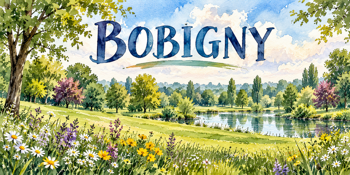 Bobigny en aquarelle : une pièce d'eau allongée bordée d'arbres à droite, une large prairie en pente au centre, des peupliers et des arbres à floraison pourpre, un grand arbre feuillu à gauche, une prairie de marguerites, de boutons d'or et de fleurs mauves au premier plan, les coteaux boisés au fond, le nom de la ville souligné d'un trait vert