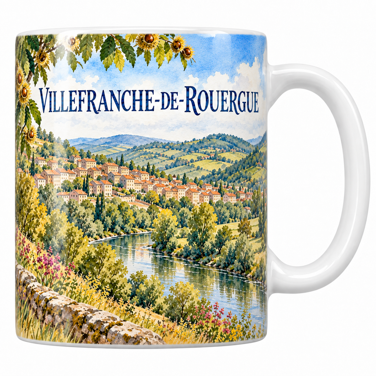 Mug céramique 330 ml Villefranche-de-Rouergue : la ville aux toits de tuiles et la vallée de l'Aveyron en aquarelle