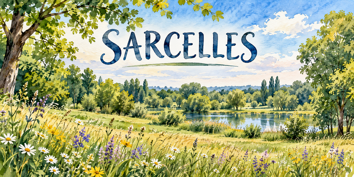 Sarcelles en aquarelle : une prairie de hautes herbes semée de marguerites, de fleurs bleues et de boutons d'or au premier plan, un plan d'eau calme au centre droit, un rideau d'arbres et des peupliers derrière, un grand chêne feuillu à gauche, les coteaux boisés au fond, le nom de la ville souligné d'un trait vert