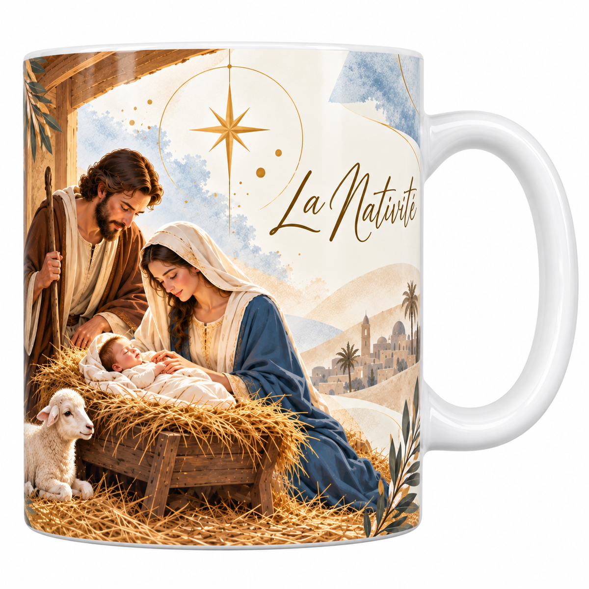 Mug céramique blanche 330 ml illustré de la Nativité, Joseph debout avec son bâton, Marie agenouillée en robe bleue près de la mangeoire, l'enfant emmailloté dans la paille, un agneau couché, l'étoile dorée et le titre La Nativité en lettres dorées