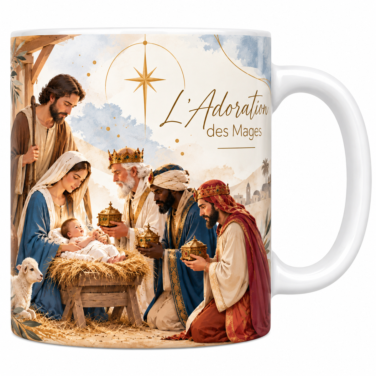 Mug céramique blanche 330 ml illustré de l'Adoration des Mages, les trois mages agenouillés avec leurs coffrets dorés devant la mangeoire, Marie en robe bleue et Joseph penchés sur l'enfant, l'étoile dorée et le titre L'Adoration des Mages en lettres dorées