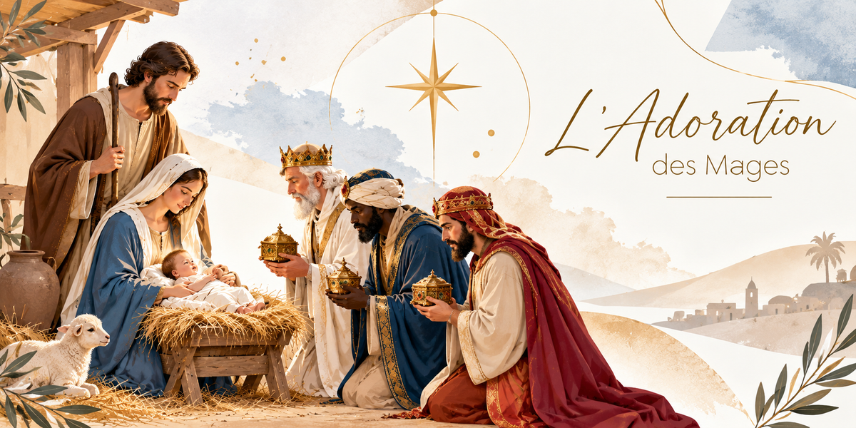 Illustration de l'Adoration des Mages, Marie agenouillée en robe bleue et Joseph penchés sur l'enfant couché dans la mangeoire de paille à gauche, un agneau blanc à leurs pieds, trois mages agenouillés à droite, l'un âgé couronné d'or à la barbe blanche, un deuxième au turban bleu, le troisième couronné et drapé de rouge, chacun portant un coffret d'orfèvrerie doré, une grande étoile dorée à huit branches, le village et les palmiers au loin et le titre L'Adoration des Mages en lettres dorées
