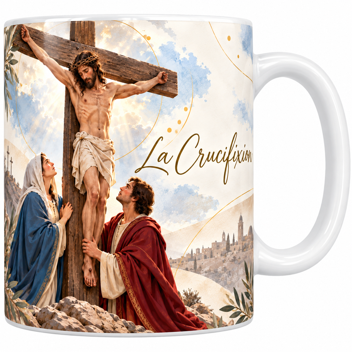Mug céramique blanche 330 ml illustré de la Crucifixion, la croix de bois au centre, le Christ couronné d'épines, Marie en manteau bleu et un disciple en manteau rouge agenouillés au pied, les trois croix au loin et le titre La Crucifixion en lettres dorées