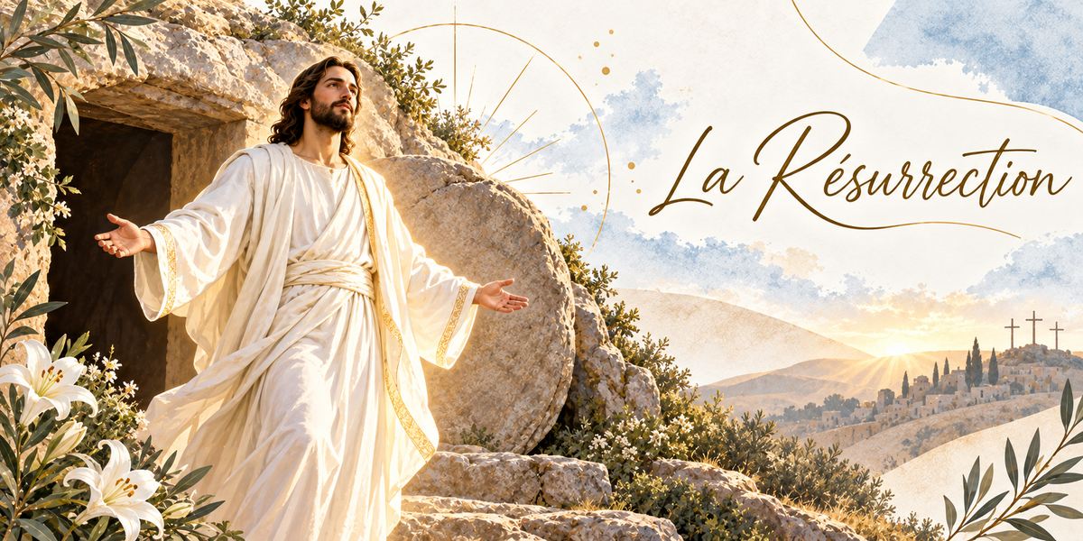 Illustration de la Résurrection, le Christ debout devant l'entrée du tombeau taillé dans le roc, les bras ouverts, en tunique blanche à galon doré, la lourde pierre ronde roulée sur le côté, des lys blancs et des feuillages au premier plan, le soleil levant éclairant les collines, les trois croix en silhouette sur une hauteur au loin, des rameaux d'olivier en bordure et le titre La Résurrection en lettres dorées