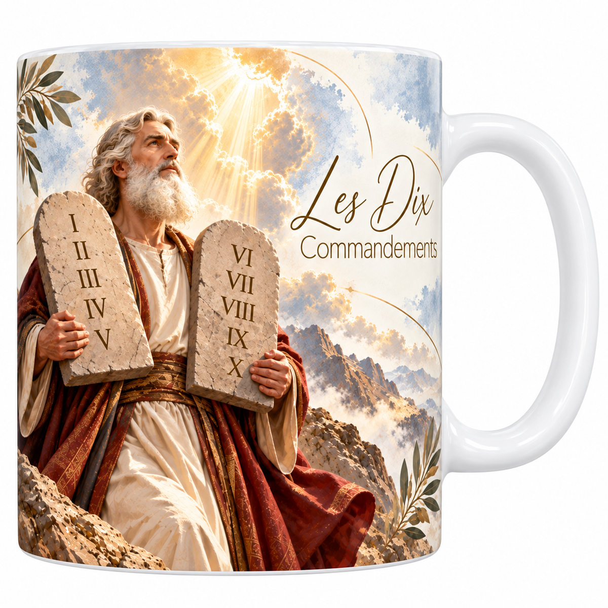 Mug céramique blanche 330 ml illustré des Dix Commandements, Moïse à barbe blanche en tunique crème et manteau rouge portant les deux tables de pierre numérotées en chiffres romains, la lumière perçant les nuages et le titre Les Dix Commandements en lettres dorées