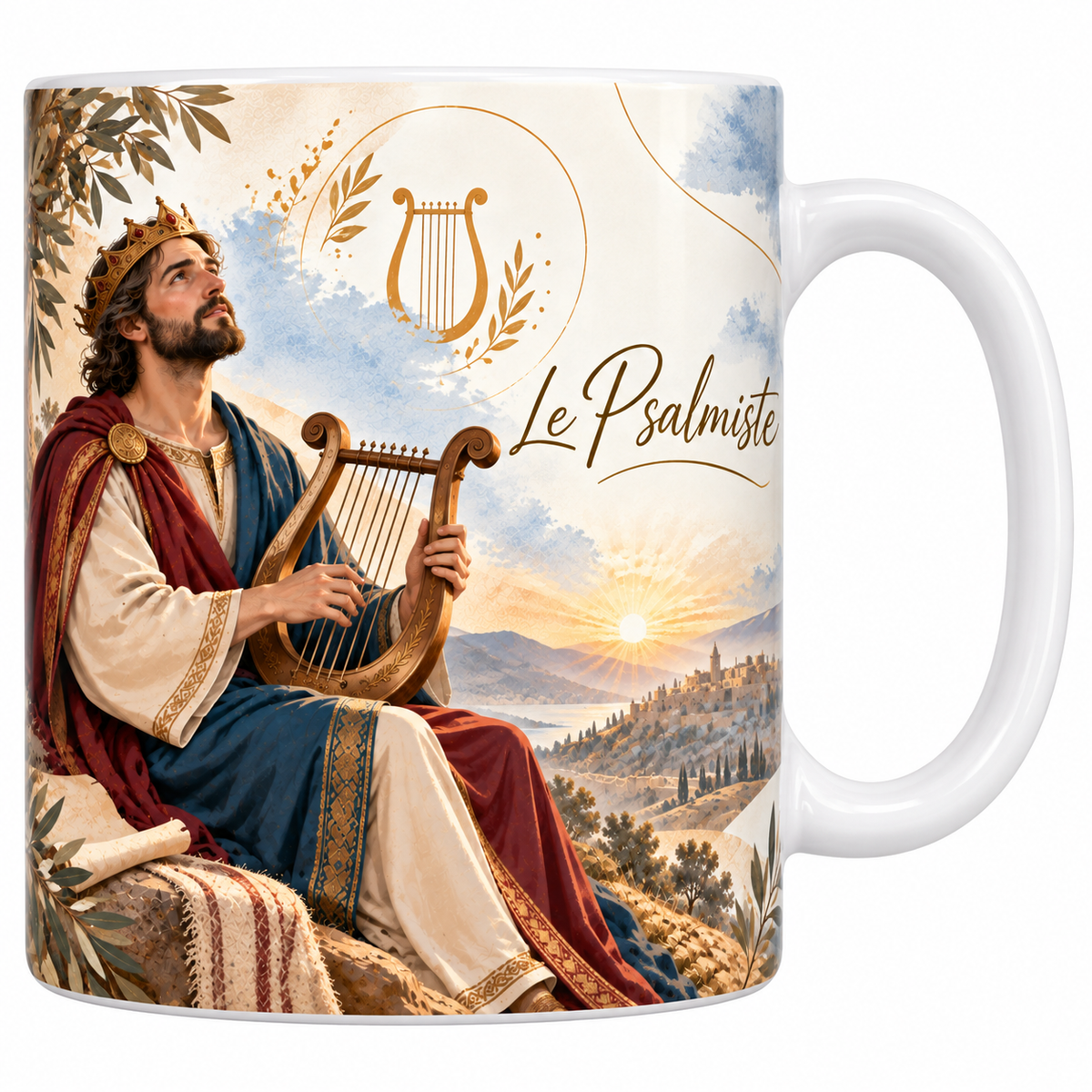 Mug céramique blanche 330 ml illustré du Psalmiste, le roi couronné assis sous un olivier jouant d'une lyre de bois doré, un rouleau à ses pieds, la ville au soleil couchant et le titre Le Psalmiste en lettres dorées