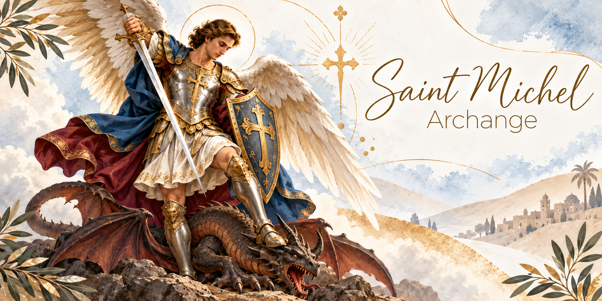 Illustration à l'aquarelle de saint Michel Archange, jeune guerrier en armure d'acier gravée d'or à la croix sur la cuirasse, cape rouge et bleue au vent, grandes ailes blanches déployées, l'épée dressée dans la main droite et un bouclier bleu frappé d'une croix d'or au bras gauche, le pied posé sur un dragon ailé brun-rouge écrasé contre des rochers, gueule ouverte, une croix dorée rayonnante dans le ciel, une ville fortifiée au loin, et le titre Saint Michel Archange en lettres dorées