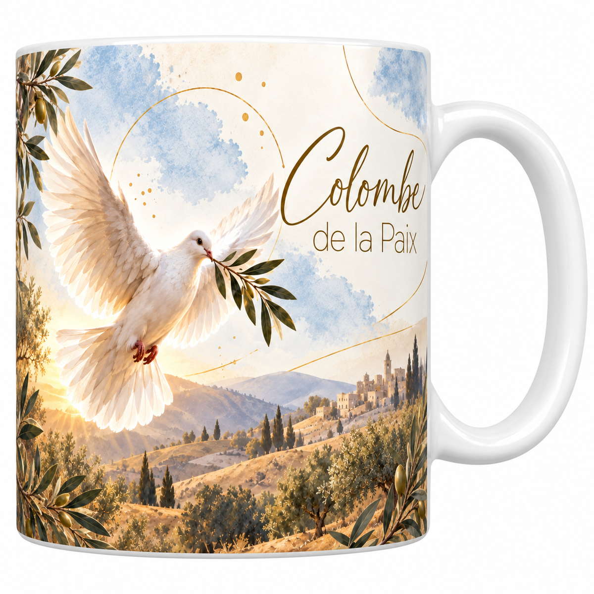 Mug céramique blanche 330 ml illustré d'une colombe blanche en plein vol, ailes grandes ouvertes et rameau d'olivier dans le bec, au-dessus d'une oliveraie et de collines, avec le titre Colombe de la Paix en lettres dorées