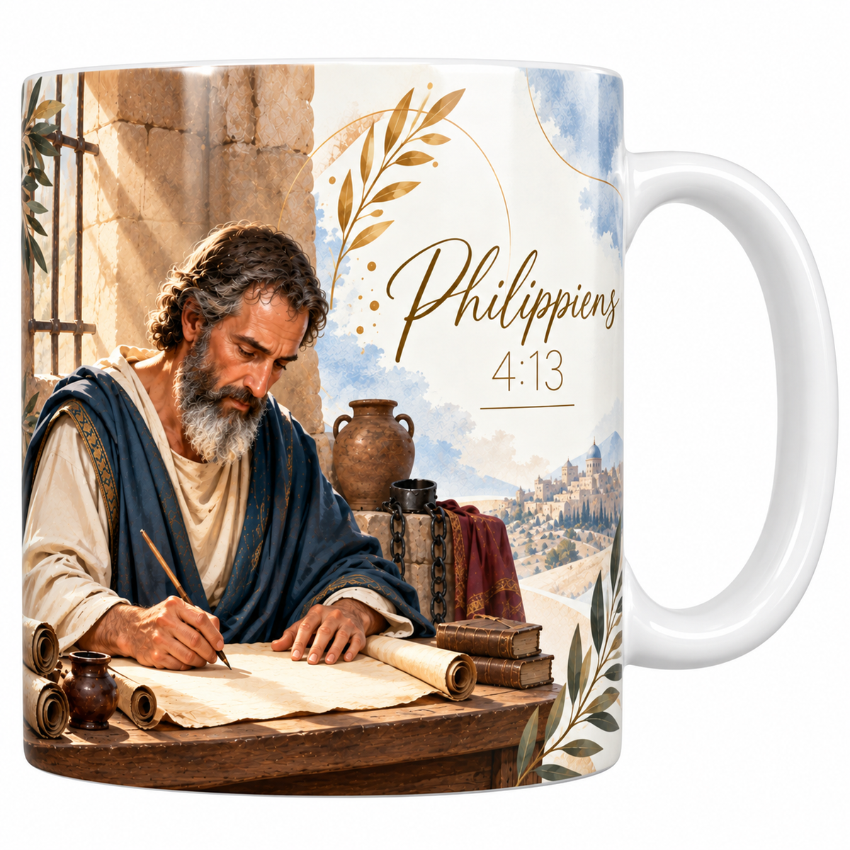Mug céramique blanche 330 ml illustré de l'apôtre Paul écrivant à la plume sur un parchemin, une chaîne de fer posée près de lui et une fenêtre à barreaux derrière, avec la référence Philippiens 4:13 en lettres dorées
