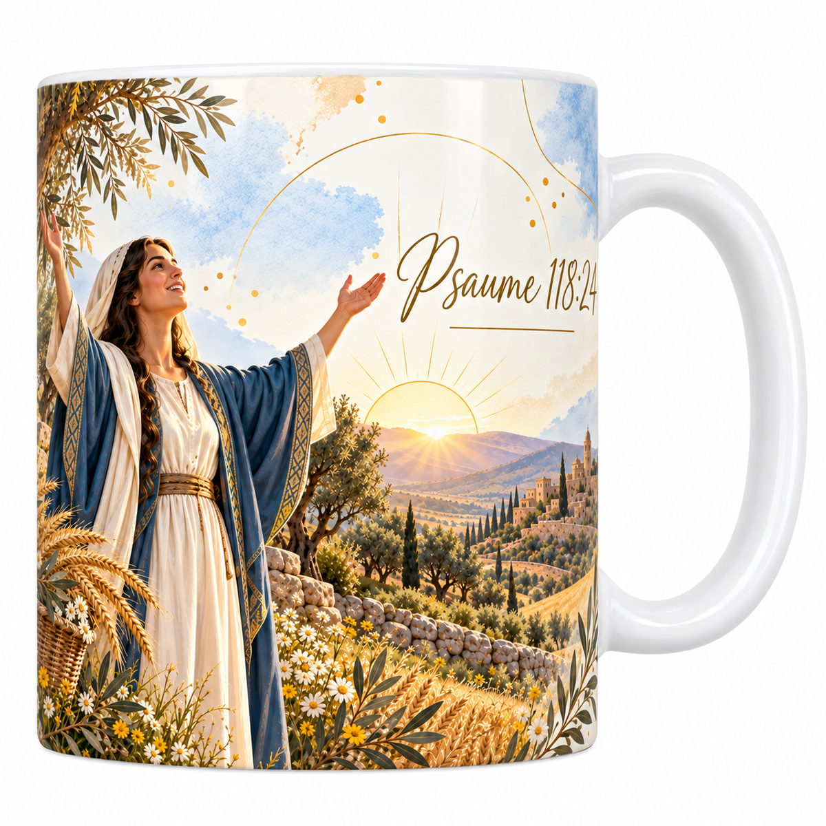 Mug céramique blanche 330 ml illustré d'une femme en robe écrue et manteau bleu, les bras levés vers un soleil levant, un panier de blé et de marguerites à ses pieds, avec la référence Psaume 118:24 en lettres dorées