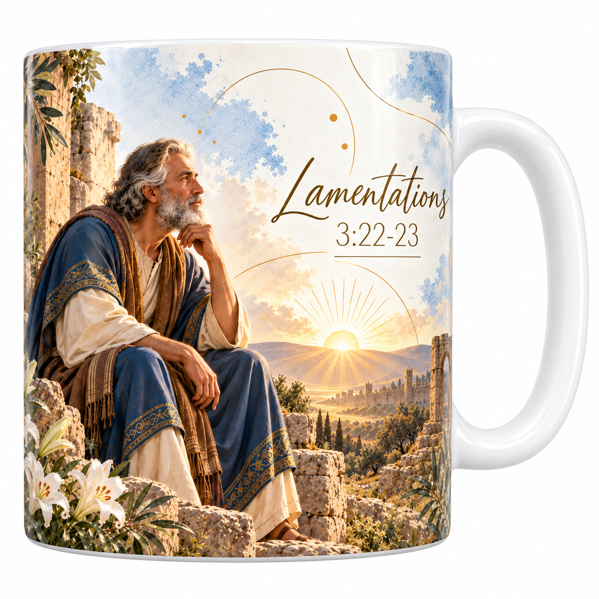 Mug céramique blanche 330 ml illustré d'un homme âgé en manteau bleu assis sur des ruines aux colonnes brisées, le regard vers un soleil levant au-dessus d'une ville fortifiée, des lys blancs au premier plan, avec la référence Lamentations 3:22-23 en lettres dorées