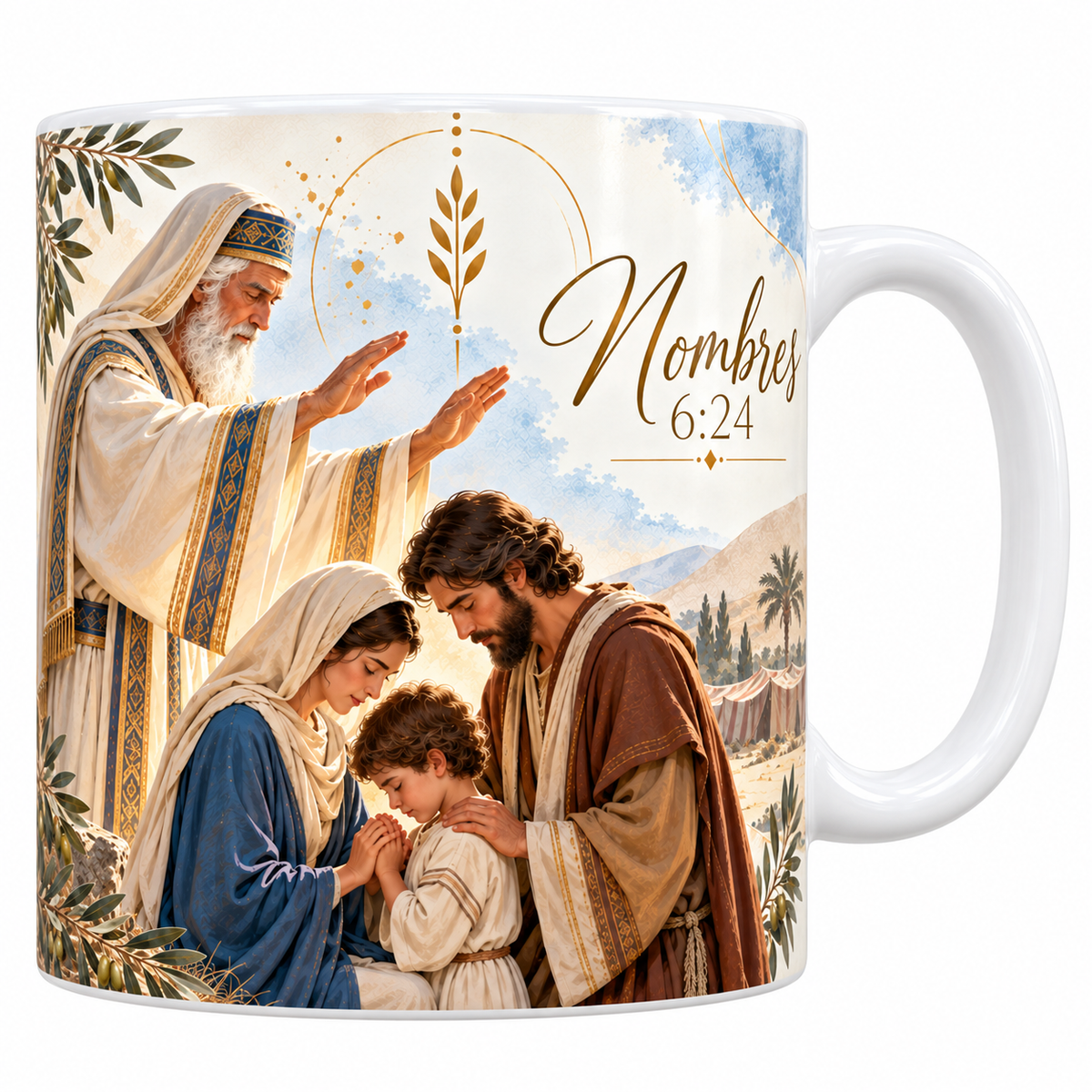 Mug céramique blanche 330 ml illustré d'un prêtre âgé en tunique blanche et étole bleue et or, les mains levées en bénédiction au-dessus d'une famille avec un enfant aux mains jointes, avec la référence Nombres 6:24 en lettres dorées