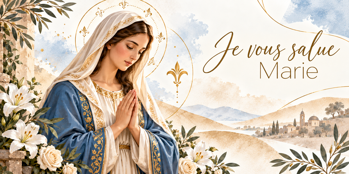 Illustration à l'aquarelle de Marie vue de trois quarts, longs cheveux châtains, voile blanc bordé d'un galon doré, manteau bleu profond brodé de rinceaux d'or sur une robe écrue, un nimbe doré orné de fleurs de lys stylisées, les mains jointes devant elle et les yeux baissés, de grands lys blancs et des roses blanches au premier plan, des collines claires, un lac et un village à dôme et clocher au loin, et le titre Je vous salue Marie en lettres dorées