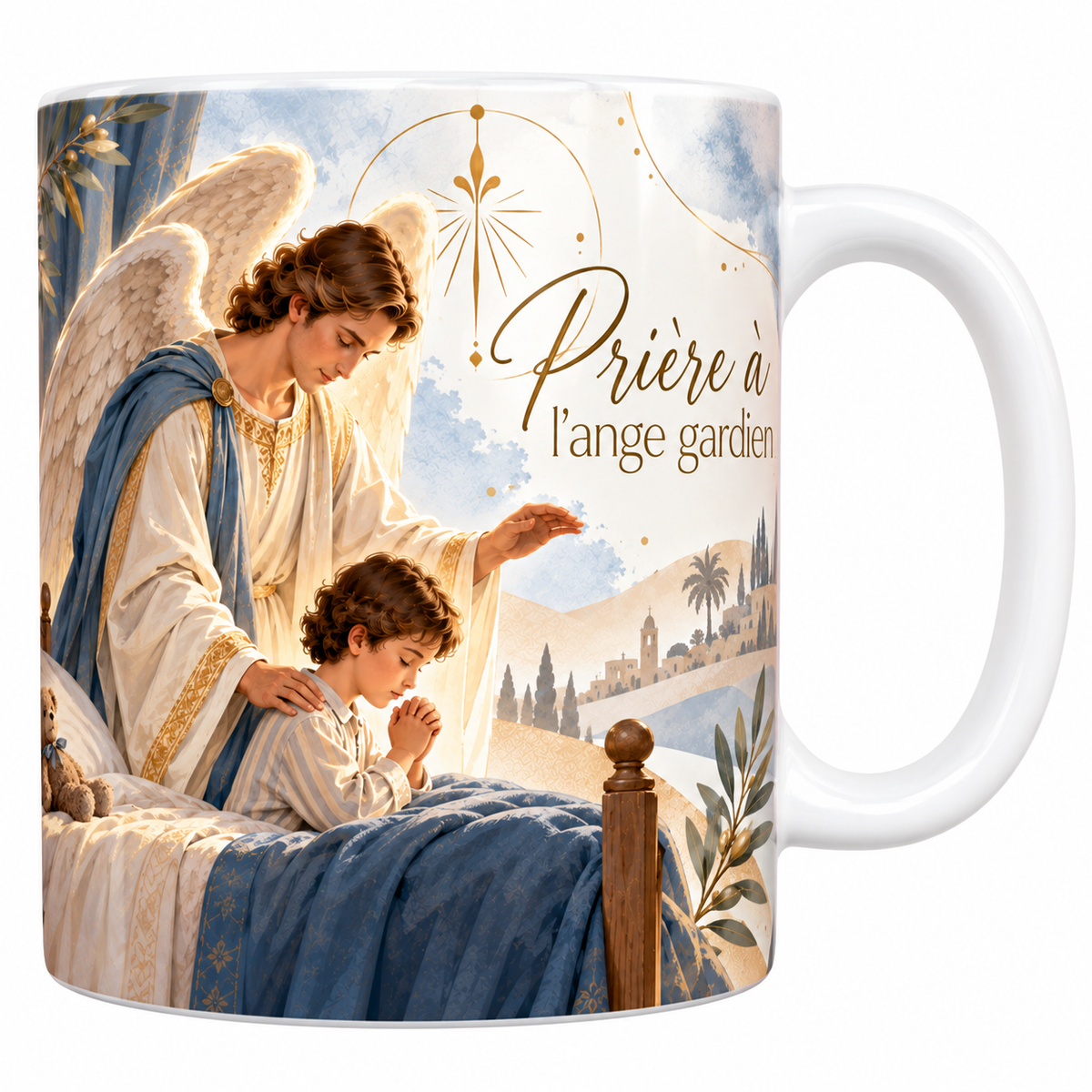 Mug céramique blanche 330 ml illustré d'une chambre d'enfant, un enfant agenouillé au bord de son lit les mains jointes et un ange aux grandes ailes blanches la main posée sur son épaule, avec le titre Prière à l'ange gardien en lettres dorées