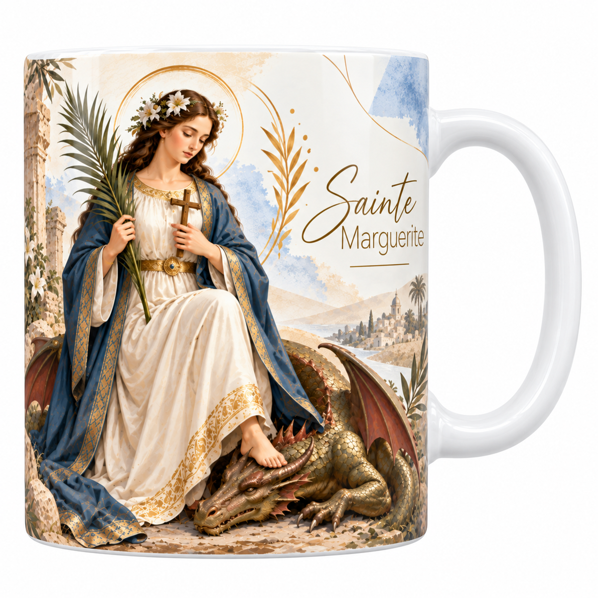 Mug céramique blanche 330 ml illustré de sainte Marguerite couronnée de marguerites, robe blanche et manteau bleu, une palme et une croix dans les mains, le pied posé sur un dragon vert couché, avec le titre Sainte Marguerite en lettres dorées