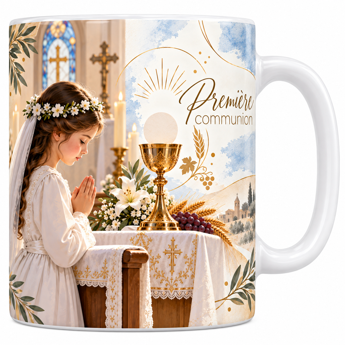Mug céramique blanche 330 ml illustré d'une fillette en robe blanche et couronne de fleurs agenouillée devant un autel, un calice d'or, des épis de blé et des grappes de raisin, avec le titre Première communion en lettres dorées