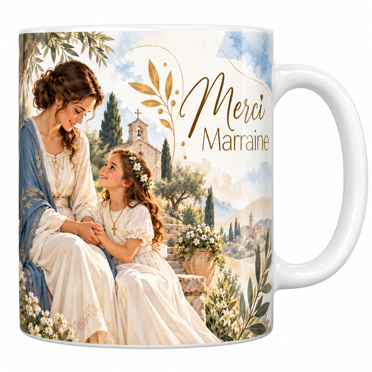 Mug céramique blanche 330 ml illustré d'une femme en robe blanche et châle bleu assise sur un muret, tenant la main d'une fillette couronnée de fleurs qui lève les yeux vers elle, devant une chapelle, avec le titre Merci Marraine en lettres dorées