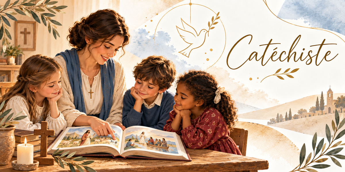 Illustration à l'aquarelle d'une femme aux cheveux bruns relevés, chemisier écru, châle bleu et petite croix dorée au cou, assise à une table de bois et désignant du doigt une page d'une grande bible illustrée ouverte, trois enfants penchés sur le livre autour d'elle, une fille châtain, un garçon brun en pull bleu et une fille aux cheveux bouclés en robe bordeaux, une bougie allumée, une croix de bois, des livres anciens et une croix au mur, et le titre Catéchiste en lettres dorées sous une colombe
