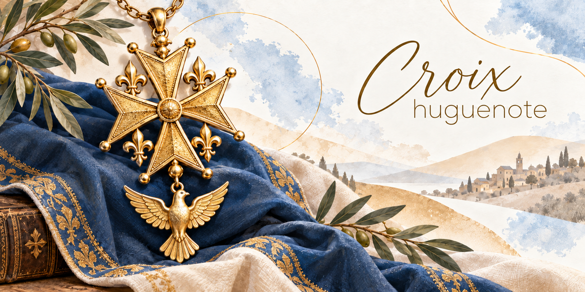 Illustration à l'aquarelle d'une croix huguenote en or vue de près, croix de Malte à huit pointes boutonnées, quatre fleurs de lys logées entre les branches et rosace au centre, une colombe aux ailes déployées suspendue sous la croix par un anneau, le bijou posé sur une étoffe bleue brodée de rinceaux dorés à côté d'une bible reliée de cuir brun frappée d'une croix, des rameaux d'olivier, des collines et un village au loin, et le titre Croix huguenote en lettres dorées