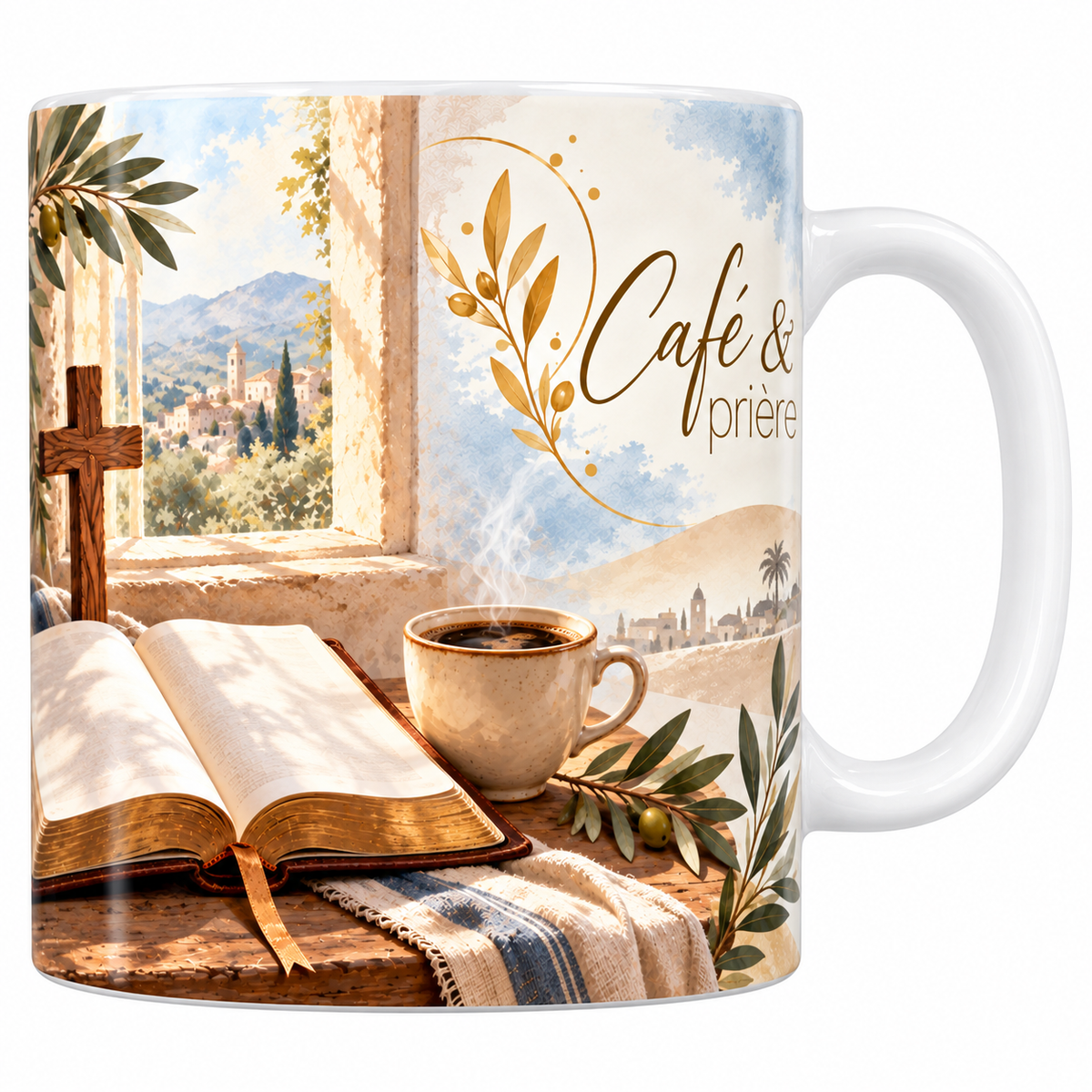 Mug céramique blanche 330 ml illustré d'une table de bois avec une grande bible ouverte à tranche dorée, une tasse de café qui fume, une petite croix de bois et une fenêtre ouverte sur un village, avec le titre Café et prière en lettres dorées