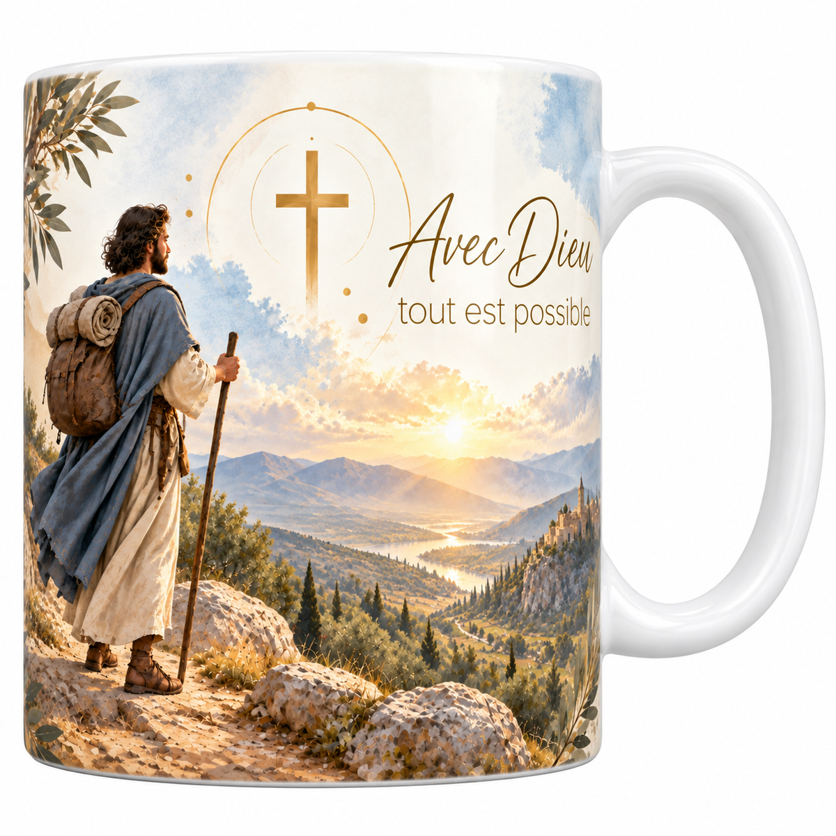 Mug céramique blanche 330 ml illustré d'un marcheur de dos en cape bleue avec son sac et son bâton, debout face à une vallée et un fleuve au soleil levant, avec une croix dorée et la phrase Avec Dieu tout est possible en lettres dorées