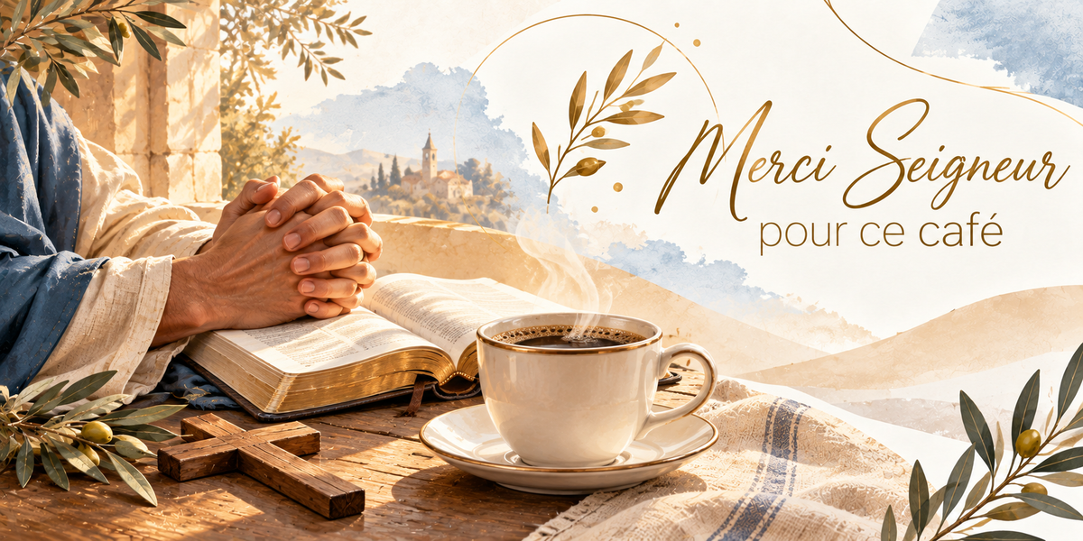 Illustration à l'aquarelle de deux mains jointes posées sur une grande bible ouverte à tranche dorée, la manche d'une tunique écrue et d'un manteau bleu, une tasse de café fumant en céramique crème sur sa soucoupe, une croix de bois posée à plat sur la table, un linge rayé bleu et blanc, des rameaux d'olivier chargés d'olives, un village à clocher sur une colline au loin, et la phrase Merci Seigneur pour ce café en lettres dorées