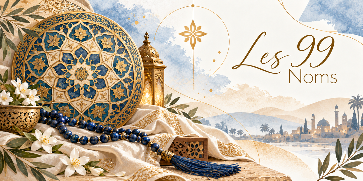Illustration à l'aquarelle d'un grand médaillon circulaire de zellige bleu profond et or à étoile géométrique dressé au second plan, une lanterne de laiton ajourée allumée devant lui, un long chapelet de perles bleu lapis à gland de soie, une étoffe crème brodée de fils d'or, un petit coffret de bois à motif étoilé, des fleurs de jasmin blanches, une étoile dorée dans le ciel aquarellé, et une ville à dôme et minaret au loin, avec le titre Les 99 Noms en lettres dorées