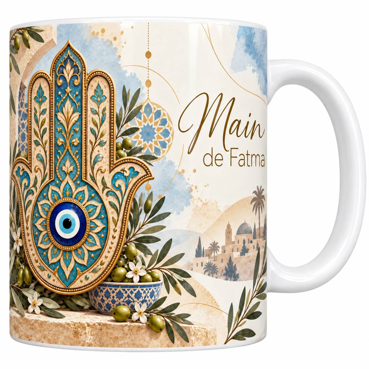 Mug céramique blanche 330 ml illustré d'une grande main de Fatma en émail turquoise et or à l'oeil bleu, posée contre un mur de zellige près d'une lanterne allumée et d'un bol d'olives, avec le titre Main de Fatma en lettres dorées