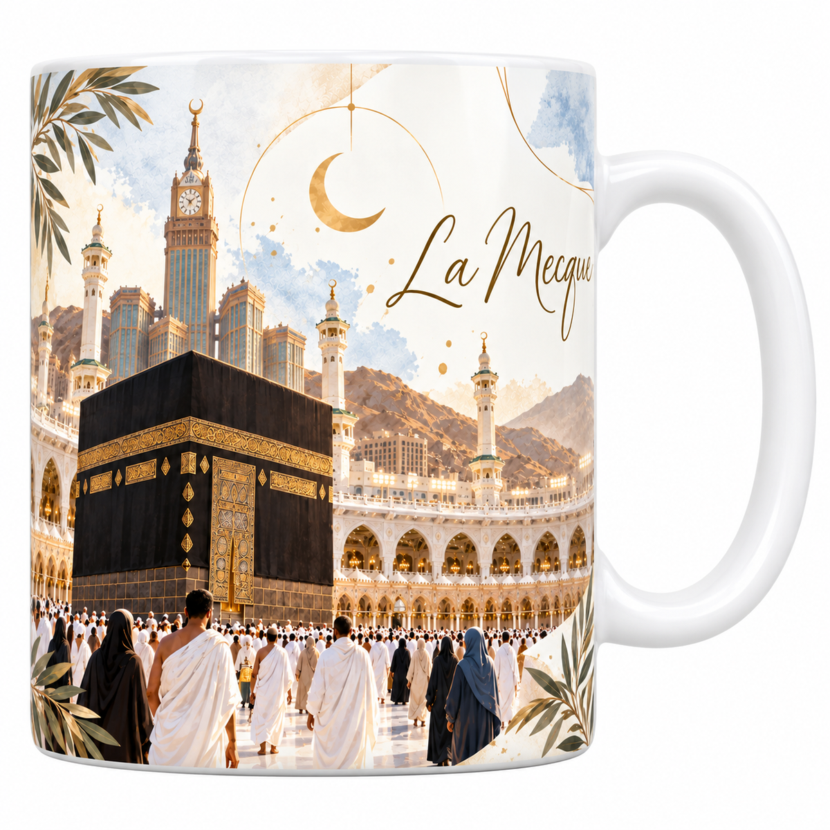 Mug céramique blanche 330 ml illustré de la Kaaba drapée de noir et d'or au centre de la cour de la Grande Mosquée, entourée de pèlerins et d'arcades éclairées, avec le titre La Mecque en lettres dorées