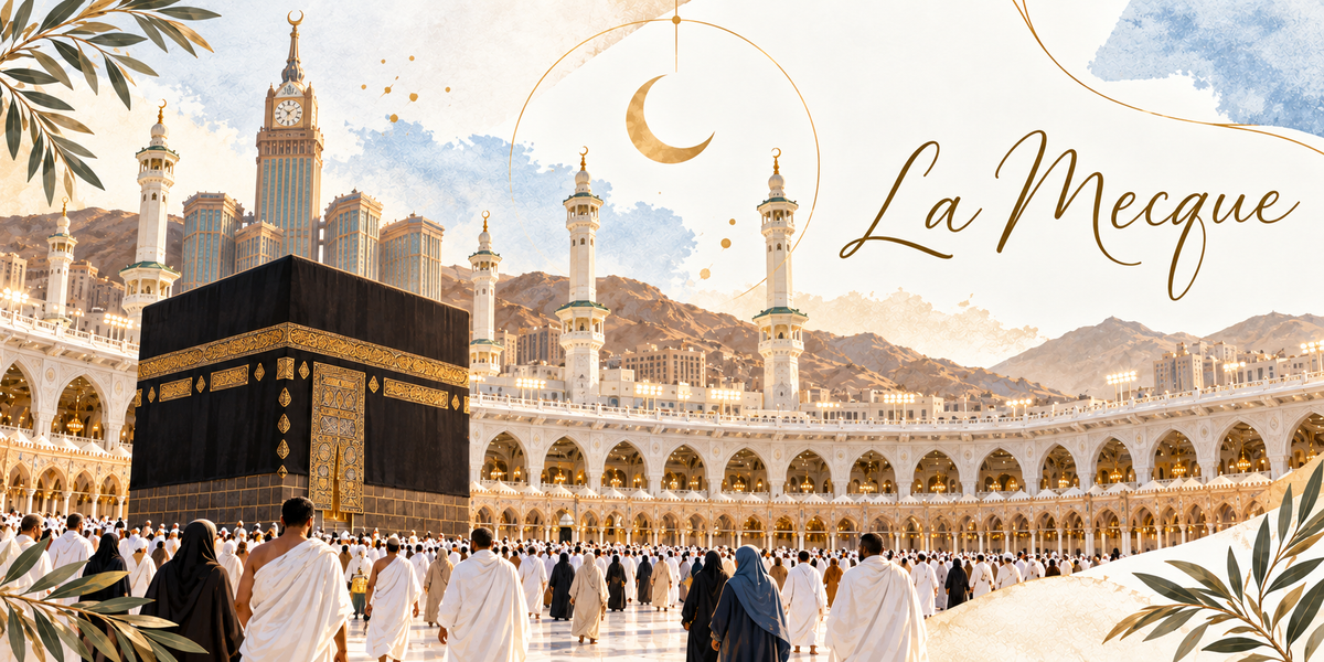 Illustration de la Kaaba drapée de sa tenture noire à bandeau brodé d'or, dressée au centre de la cour de marbre de la Grande Mosquée bordée d'arcades éclairées et de minarets, une foule de pèlerins en étoffe blanche et en abaya noire vue de dos, les tours et les immeubles de la ville, les montagnes au fond, un croissant doré suspendu dans un cercle, des rameaux d'olivier, et le titre La Mecque en lettres dorées