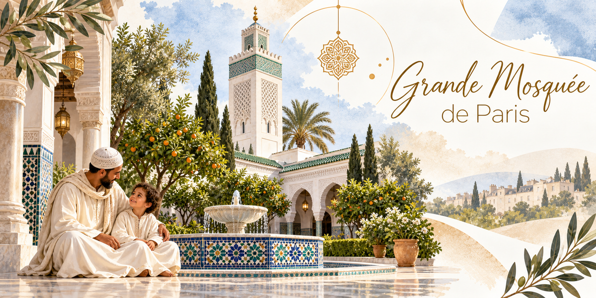 Illustration à l'aquarelle du minaret blanc à damier de zellige vert de la Grande Mosquée de Paris dominant un patio planté d'orangers chargés de fruits, de cyprès et d'un palmier, une fontaine ronde à bassin de zelliges bleus, verts et blancs, des arcades à colonnes et des lanternes de cuivre suspendues, un homme barbu en djellaba blanche et calotte brodée assis sur le dallage avec un petit garçon, les toits de la ville au loin, une rosette dorée, et le titre Grande Mosquée de Paris en lettres dorées