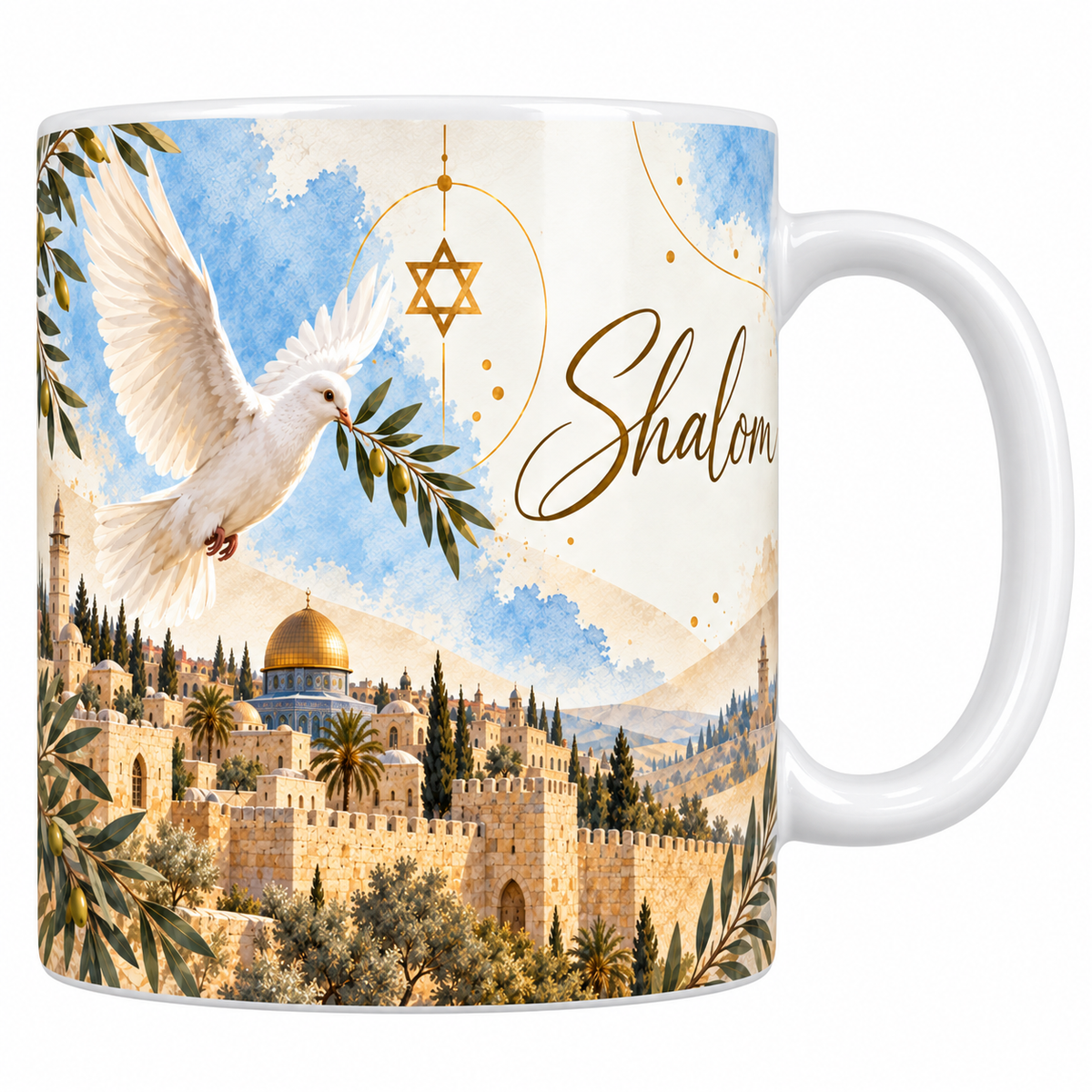Mug céramique blanche 330 ml illustré d'une colombe blanche en vol tenant un rameau d'olivier au-dessus des remparts de Jérusalem et de son dôme doré, avec une étoile de David et le mot Shalom en lettres dorées
