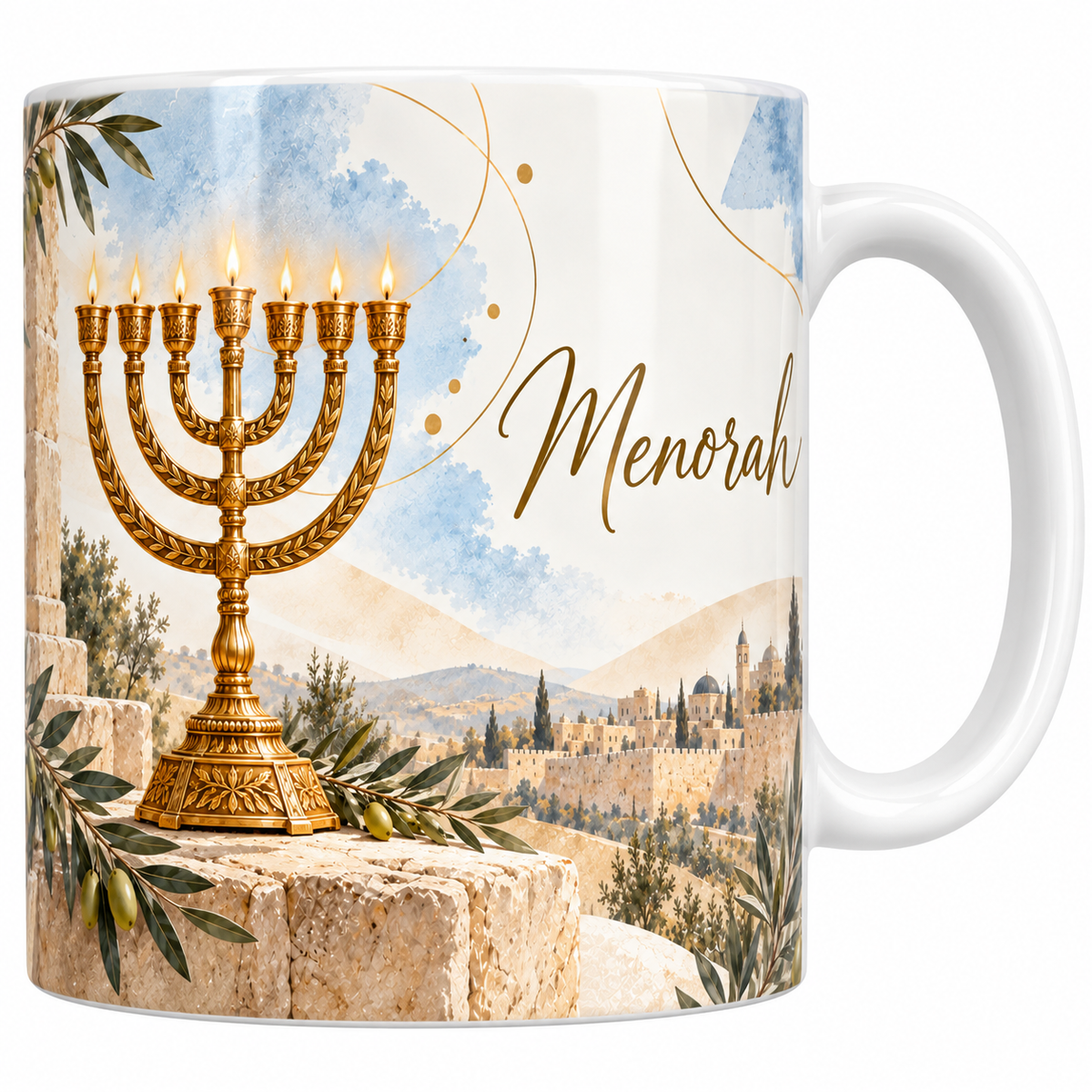 Mug céramique blanche 330 ml illustré d'un grand chandelier d'or à sept branches toutes allumées, posé sur un muret de pierre devant les remparts de Jérusalem, avec des oliviers et le titre Menorah en lettres dorées
